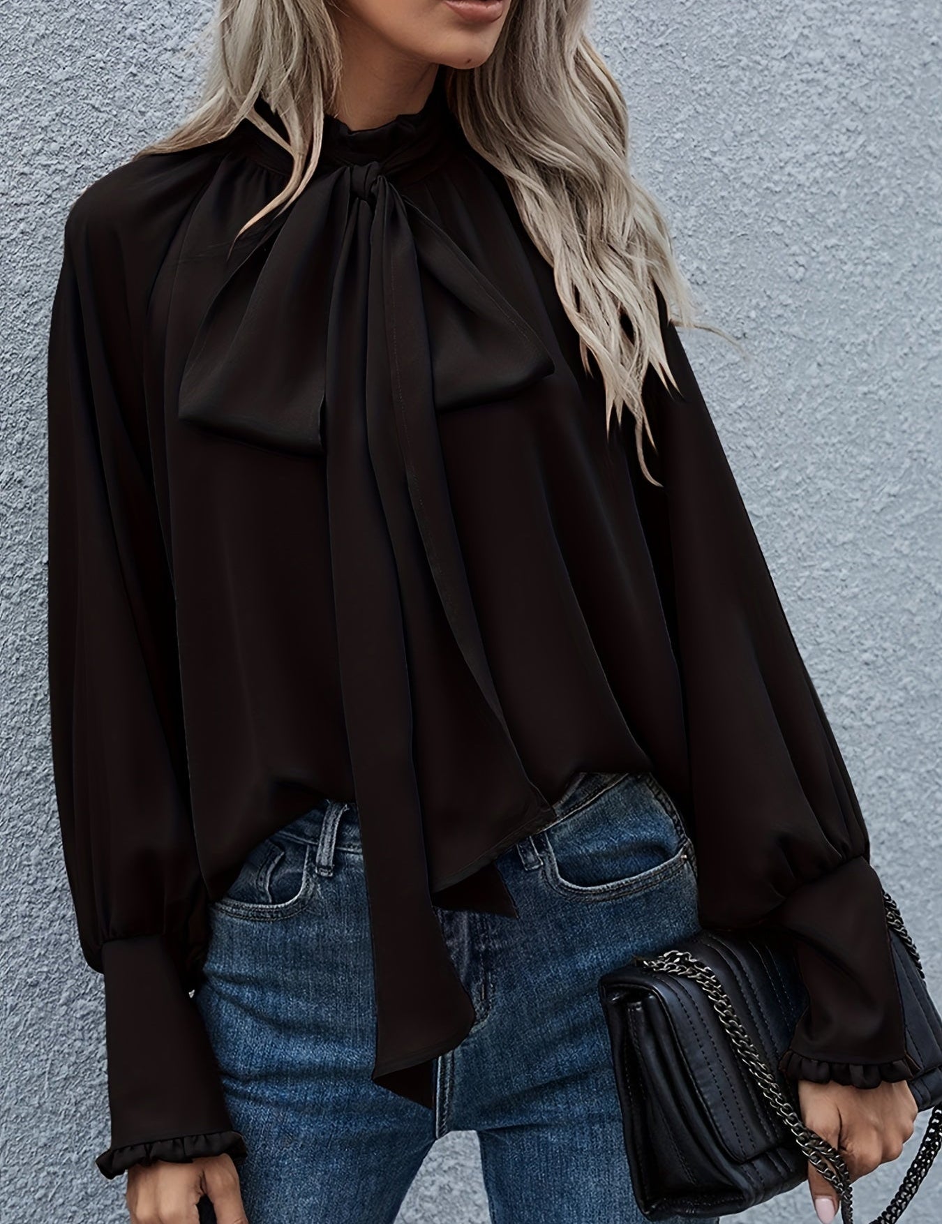Long Sleeve Blouse with Tie Neck