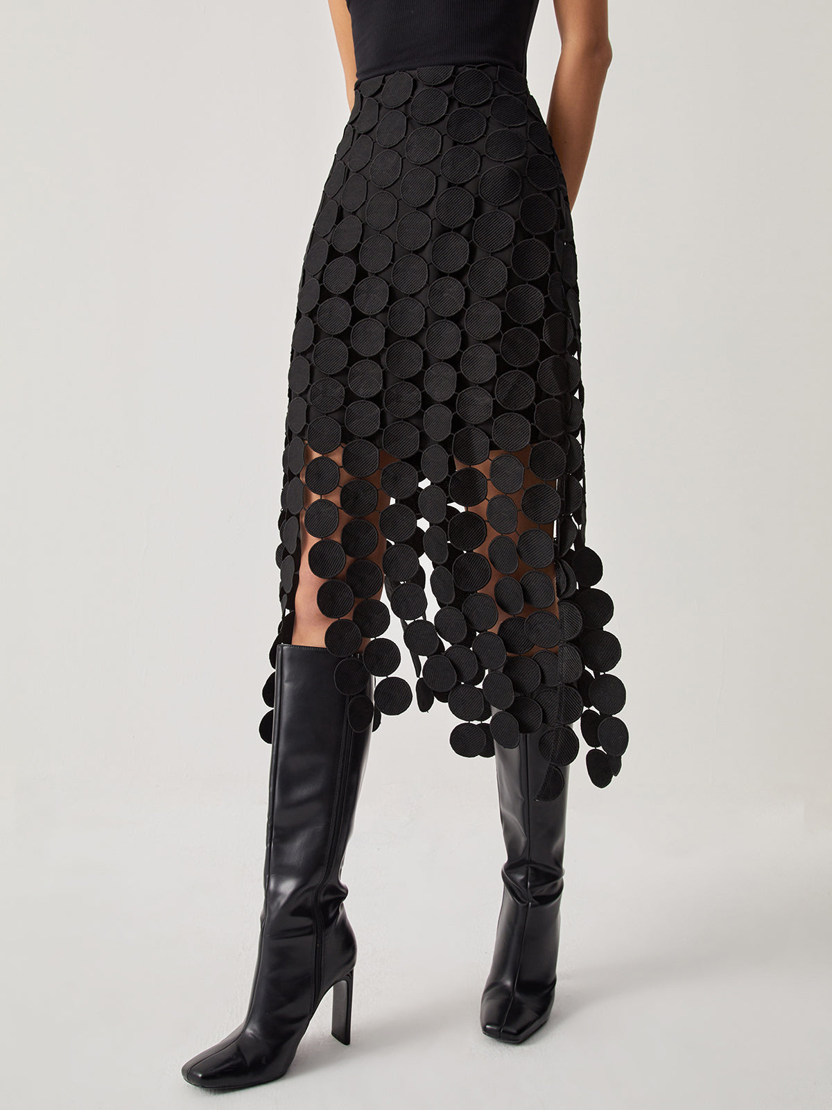 Laser Cut Circle Midi Skirt in Black