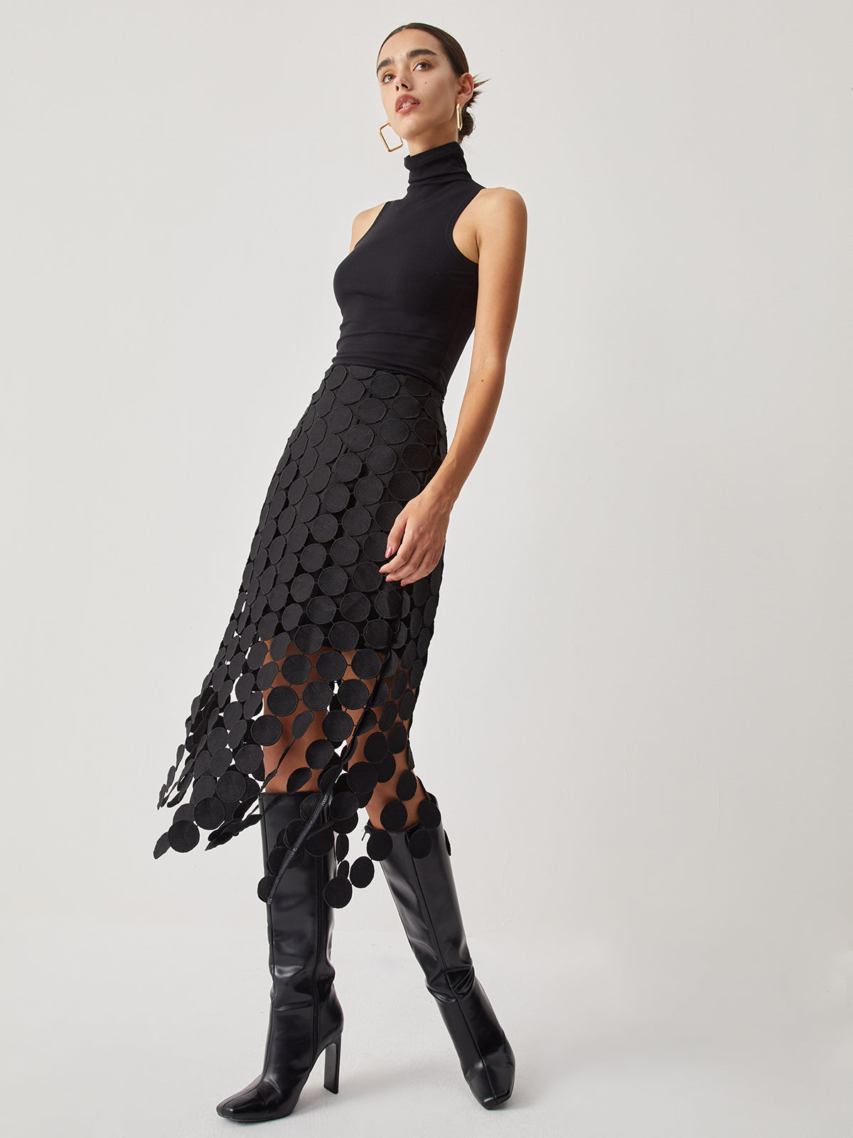 Laser Cut Circle Midi Skirt in Black