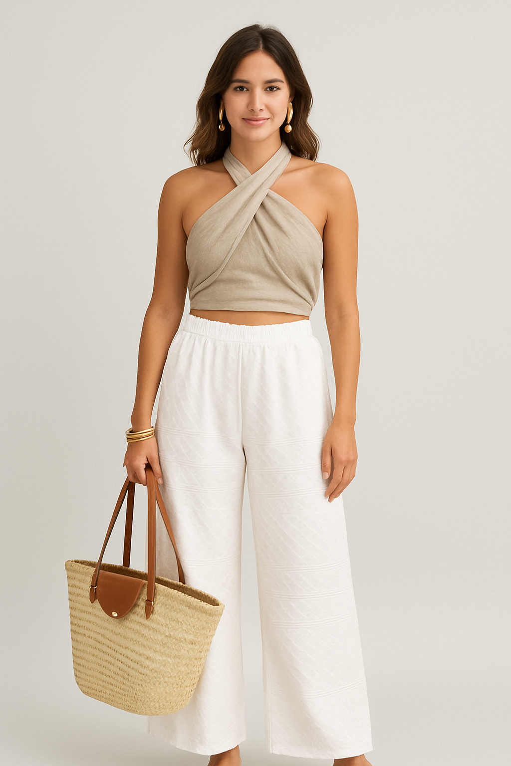 Linen Blend Crisscross Halter Crop Top