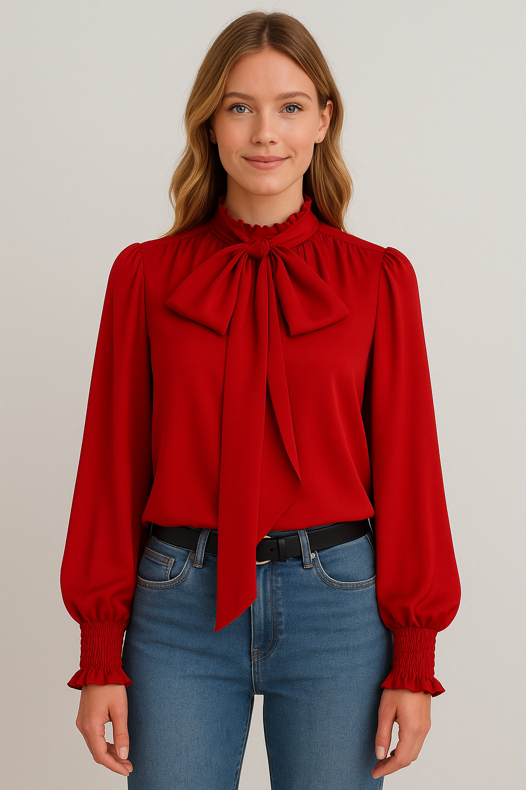 Long Sleeve Blouse with Tie Neck