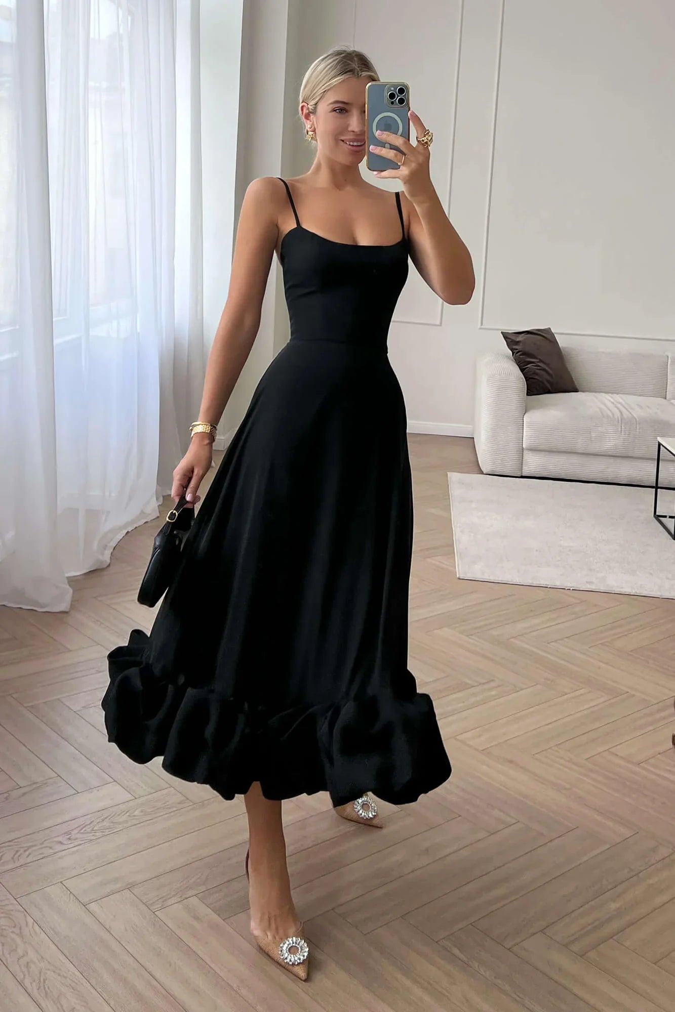 Elegant Black Ruffle Midi Dress