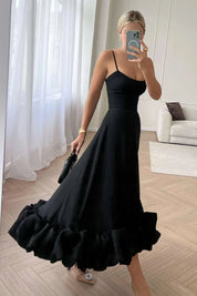 Elegant Black Ruffle Midi Dress