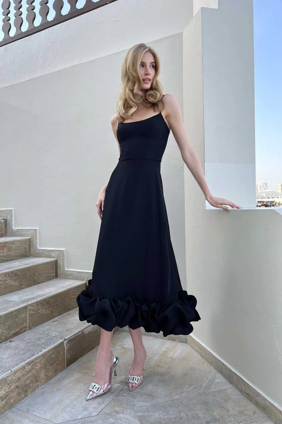 Elegant Black Ruffle Midi Dress