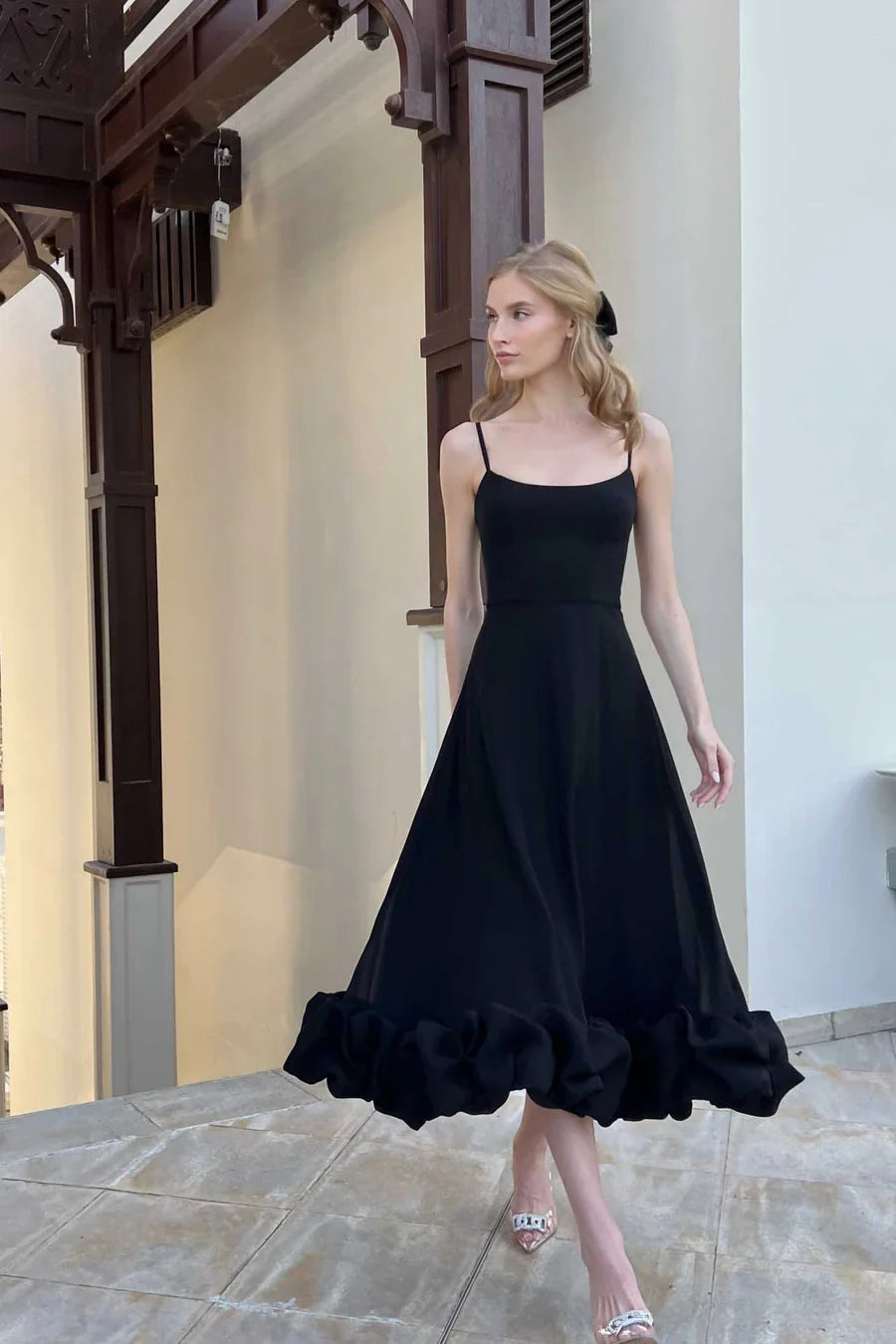 Elegant Black Ruffle Midi Dress
