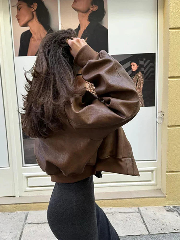 Cropped Vintage Faux Leather Bomber