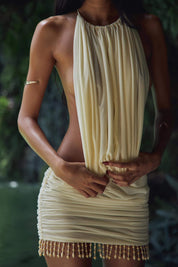 Pleated Halterneck Open Back Mini Dress