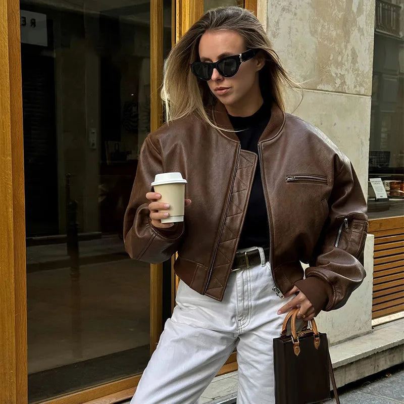 Cropped Vintage Faux Leather Bomber