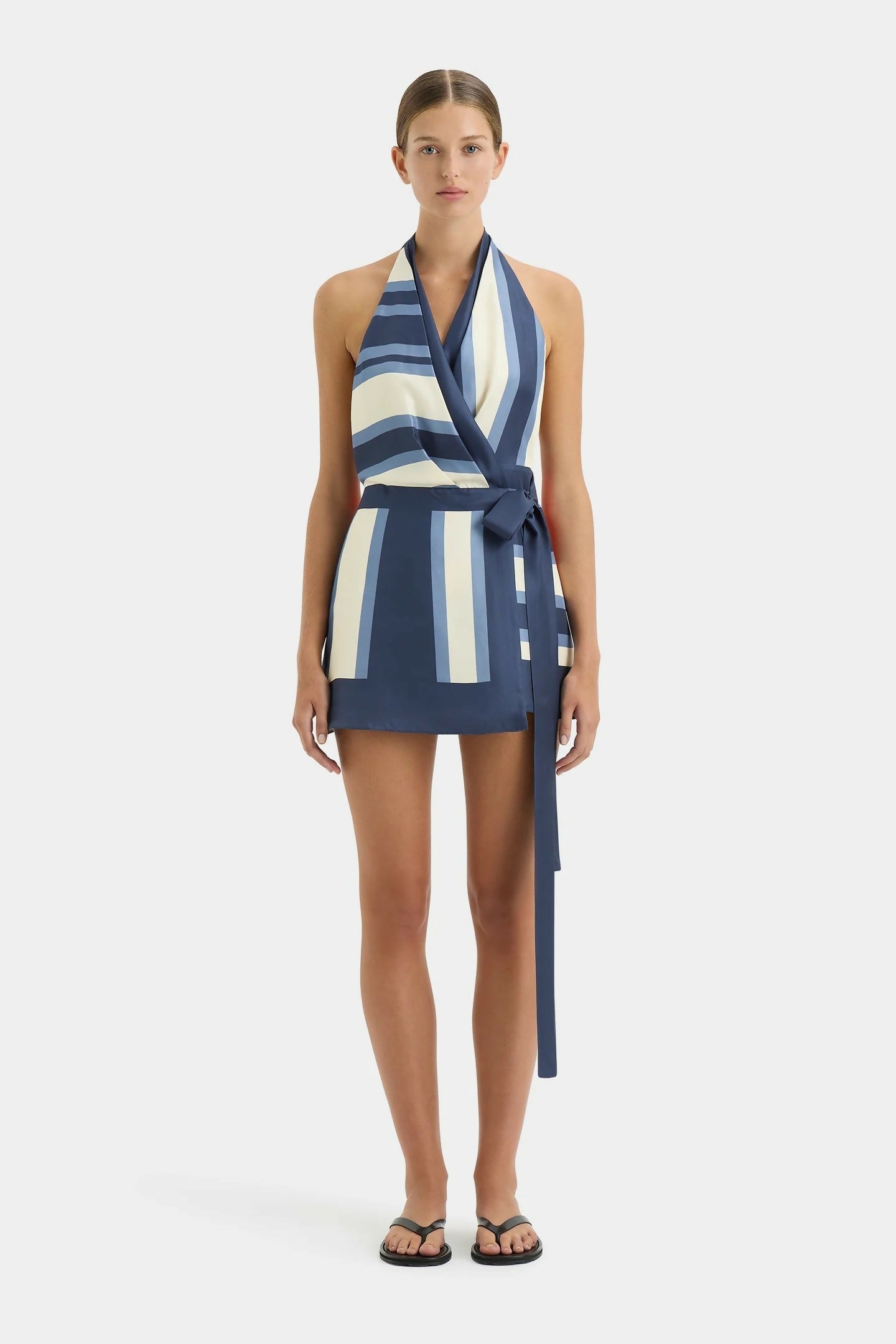 Striped Silk Wrap Halterneck Mini Dress