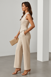 Sleeveless Beige Suit Set