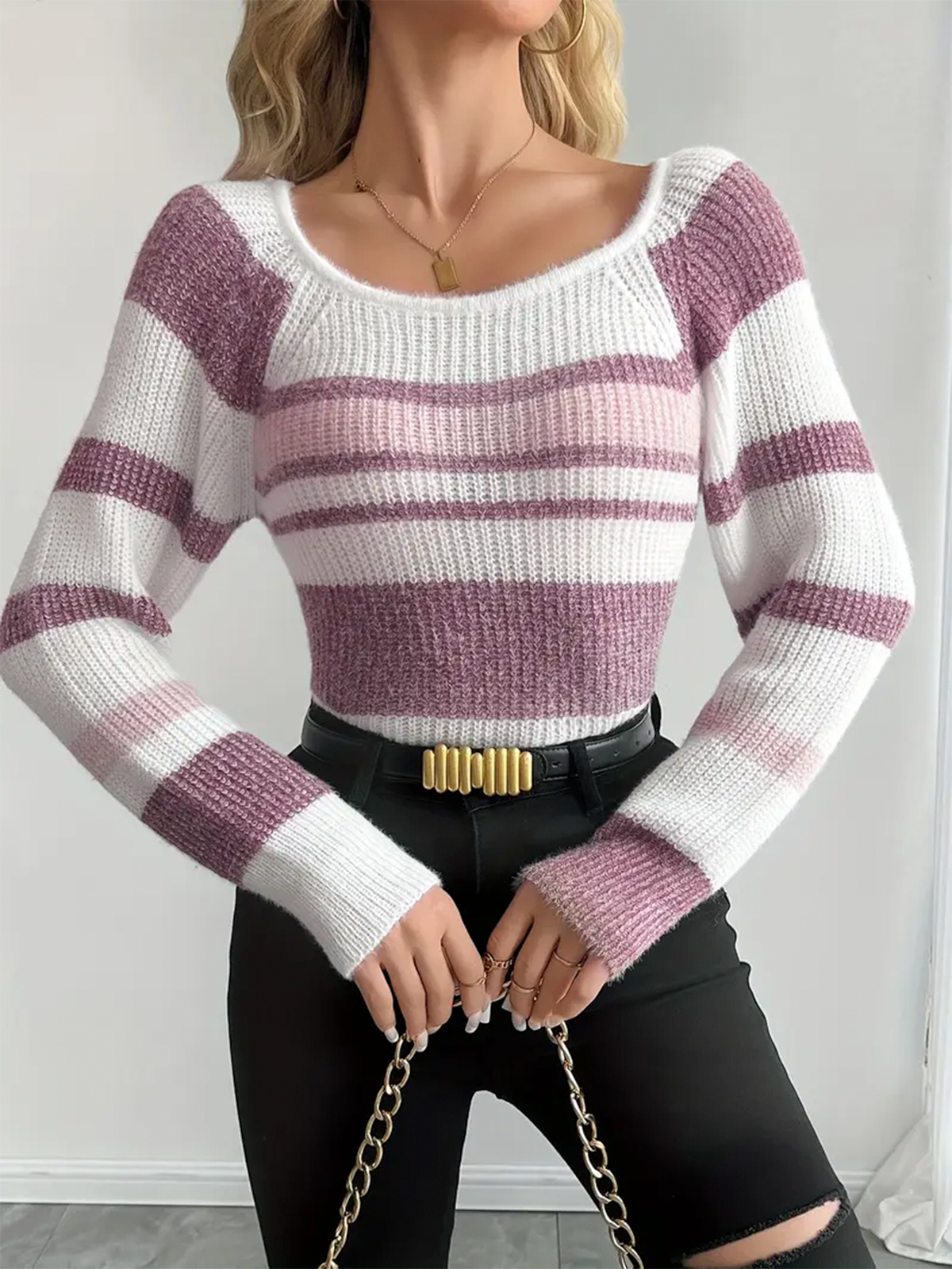 Striped Ribbed Knit Slim Fit Sweater