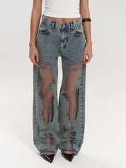 High Waist Mesh Panel Wide Leg Jeans