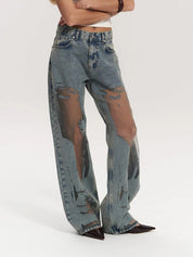 High Waist Mesh Panel Wide Leg Jeans