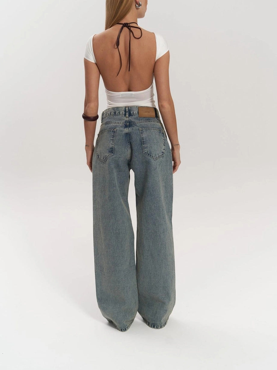 High Waist Mesh Panel Wide Leg Jeans