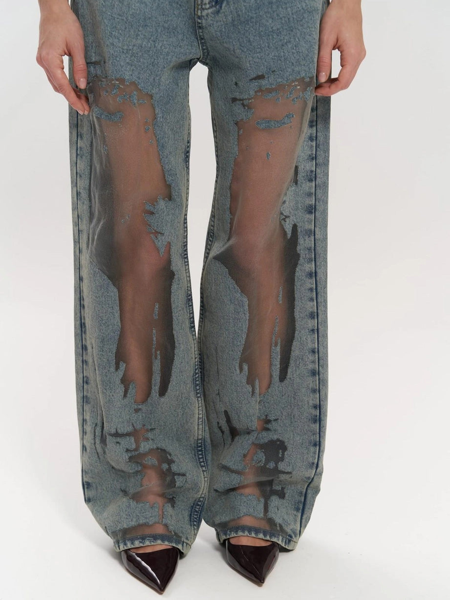 High Waist Mesh Panel Wide Leg Jeans