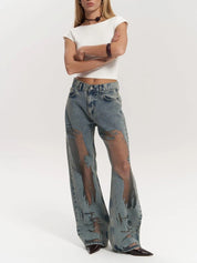 High Waist Mesh Panel Wide Leg Jeans