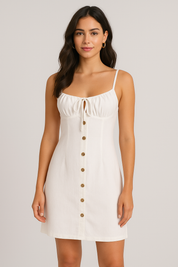 White Linen Button Front Mini Dress