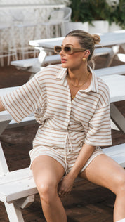 Beige Striped Knit Shirt & Shorts Set